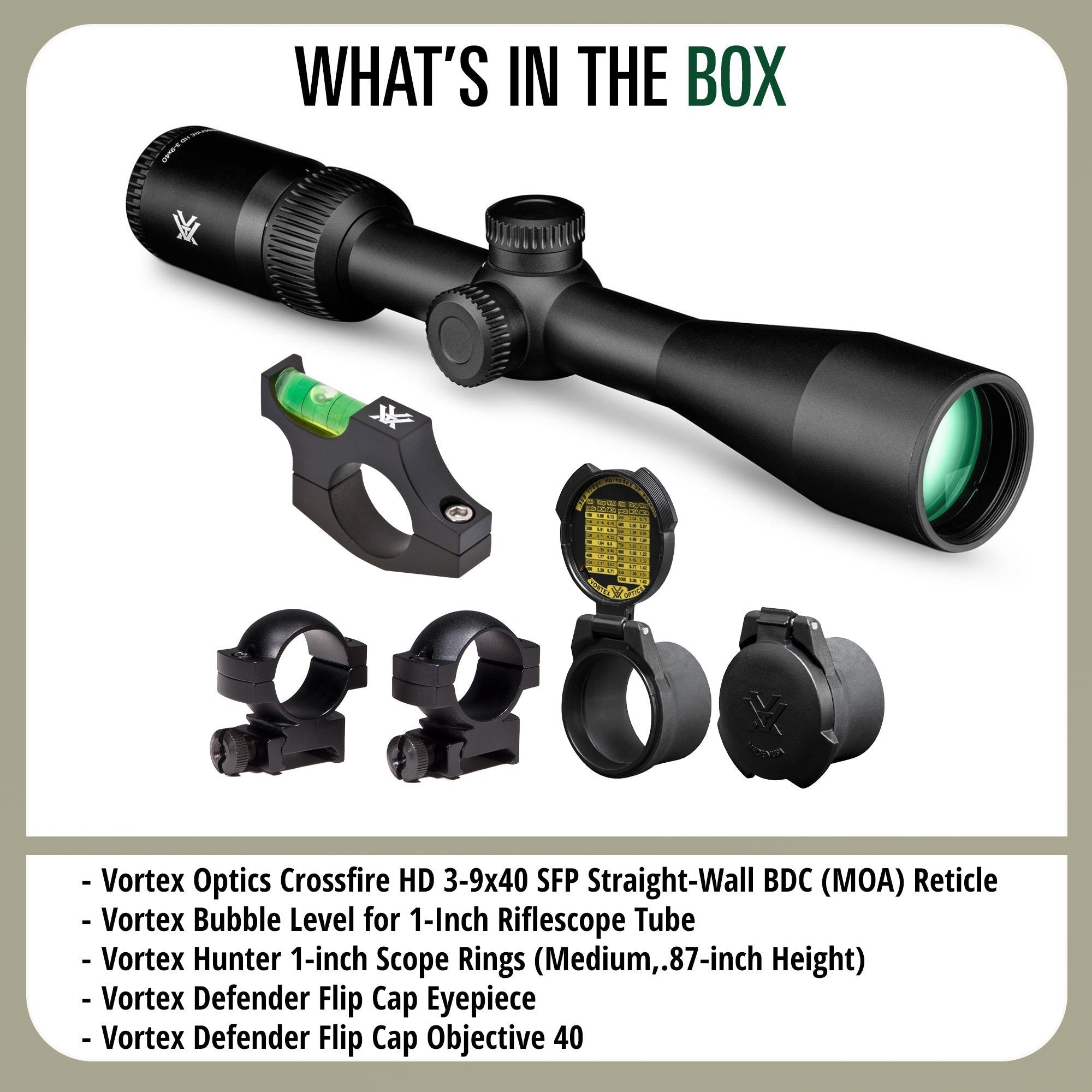 Vortex Optics Crossfire HD 3-9x40 SFP Straight-Wall BDC MOA Bundle