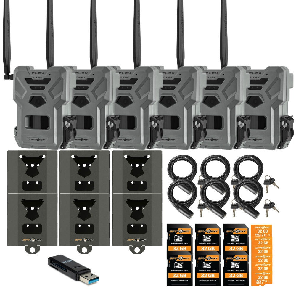 Spypoint Flex Dark Cellular Trail Camera (6 Pack) w/ Steel Case and Accessories