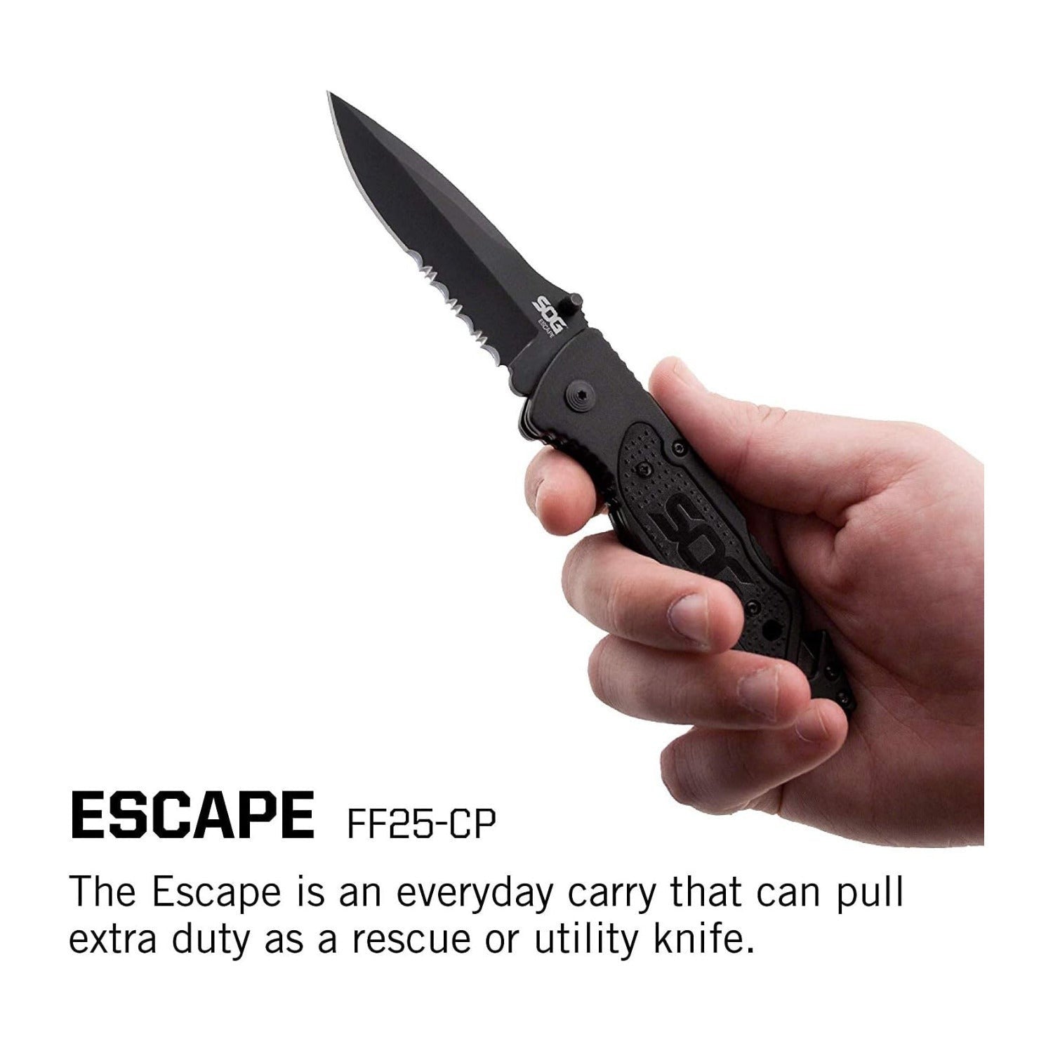 SOG Escape Tactical Folding Knife with 3.4 Serrated Blade (Black)