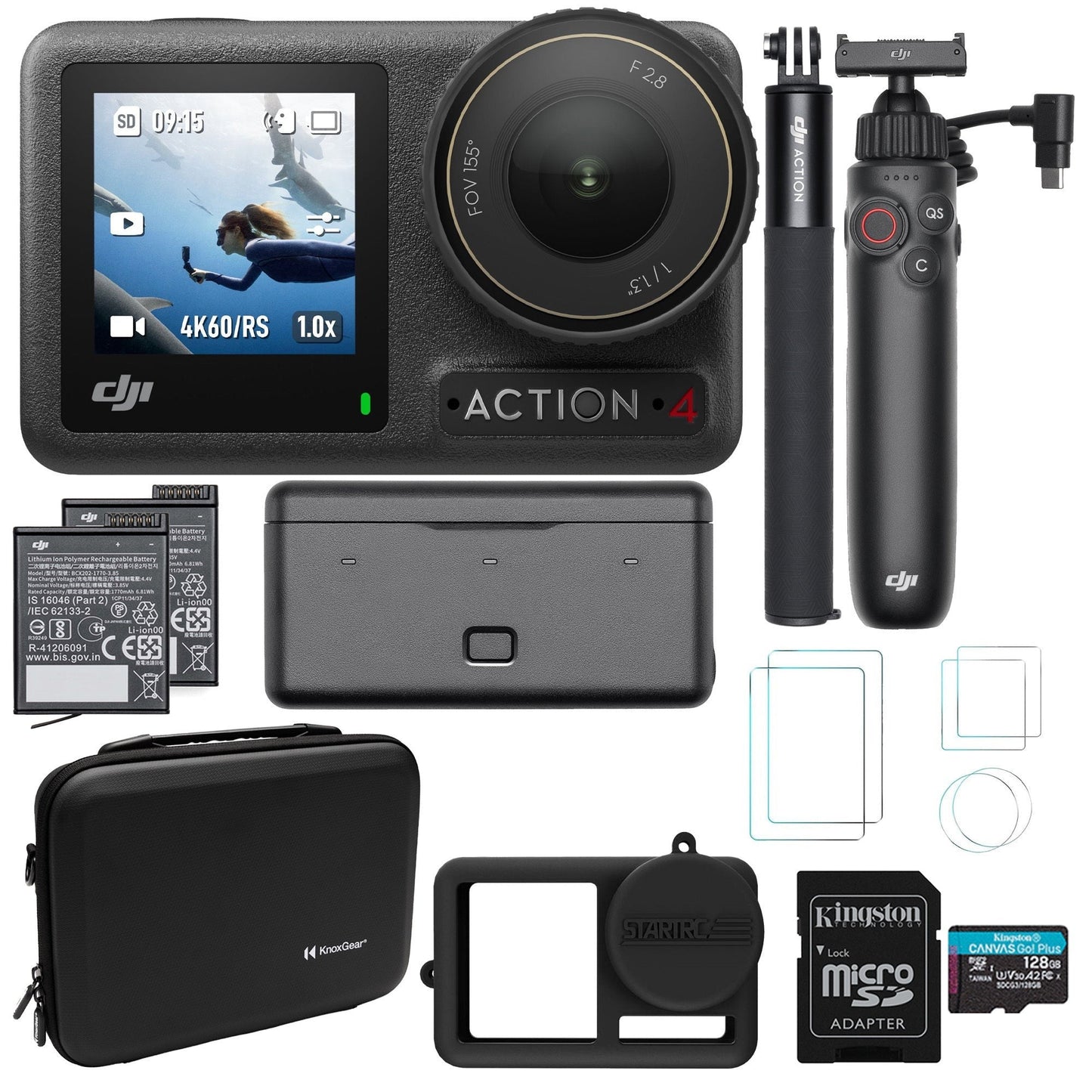 DJI Osmo Action 4 Camera Adventure Combo with Charging Handle, 128GB SD Card, Case, & Protectors