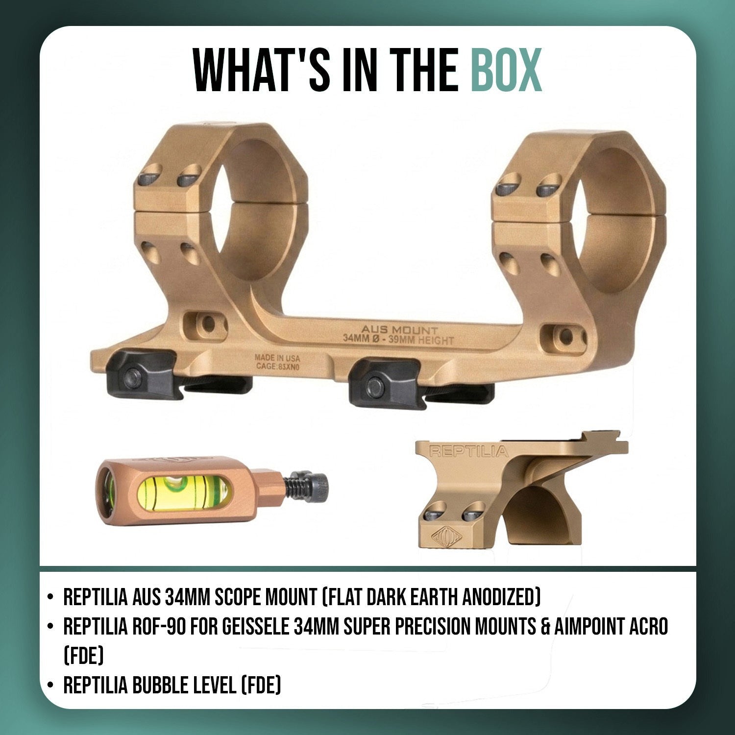 Reptilia AUS 34mm Scope Mount with ROF-90 for ACRO and Bubble Level Bundle (FDE)