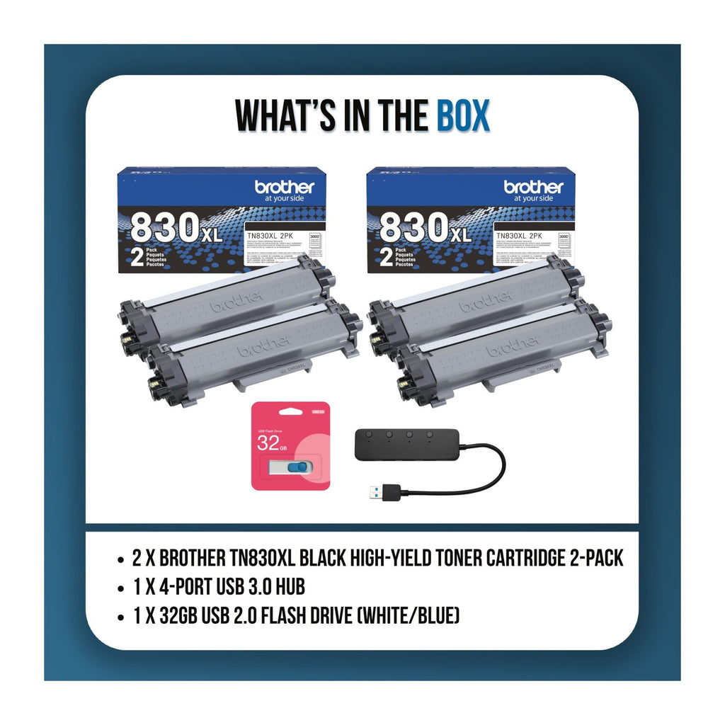 Brother ATN830XL Black High-Yield Toner Cartridge 4-Pack Bundle with 4-Port USB Hub and Flash Drive