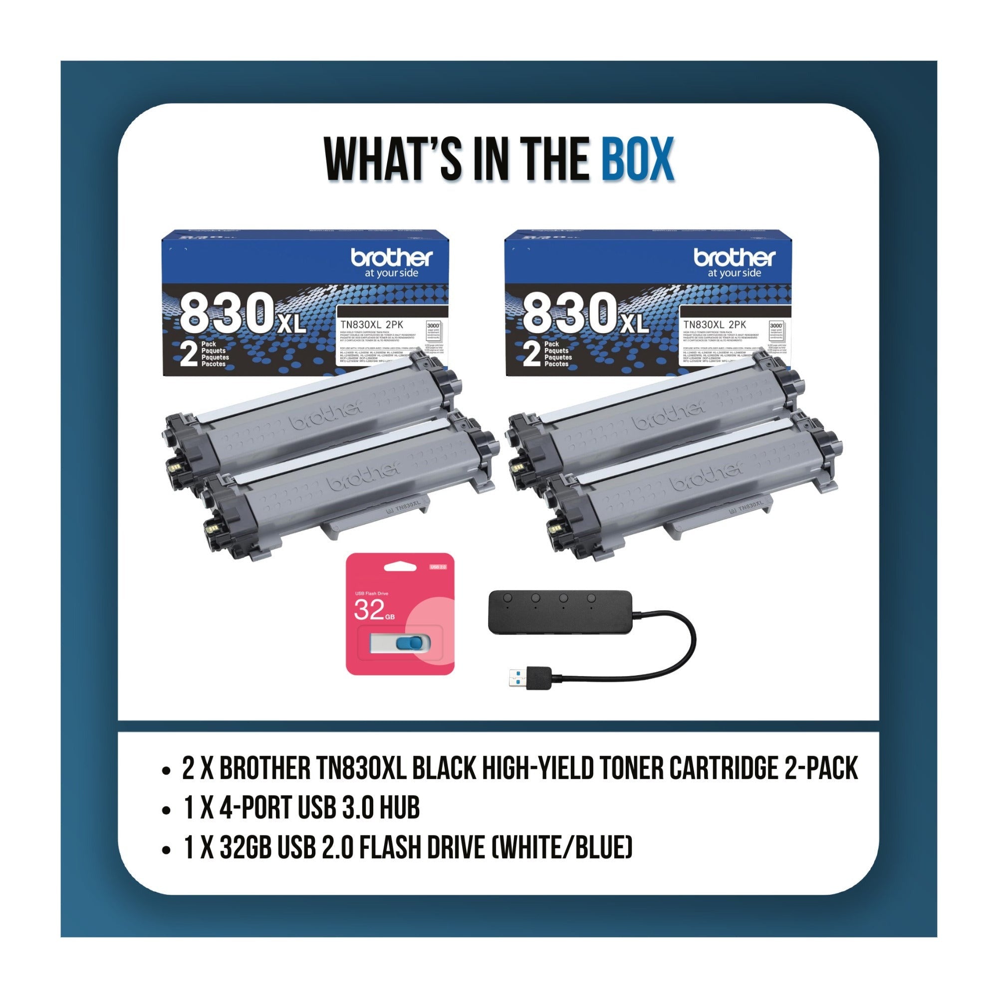 Brother ATN830XL Black High-Yield Toner Cartridge 4-Pack Bundle with 4-Port USB Hub and Flash Drive