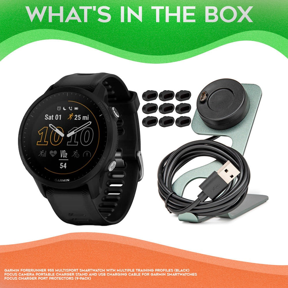 Garmin Forerunner 955 GPS Running Smartwatch (Black) Bundle with Charger Stand and Port Plugs