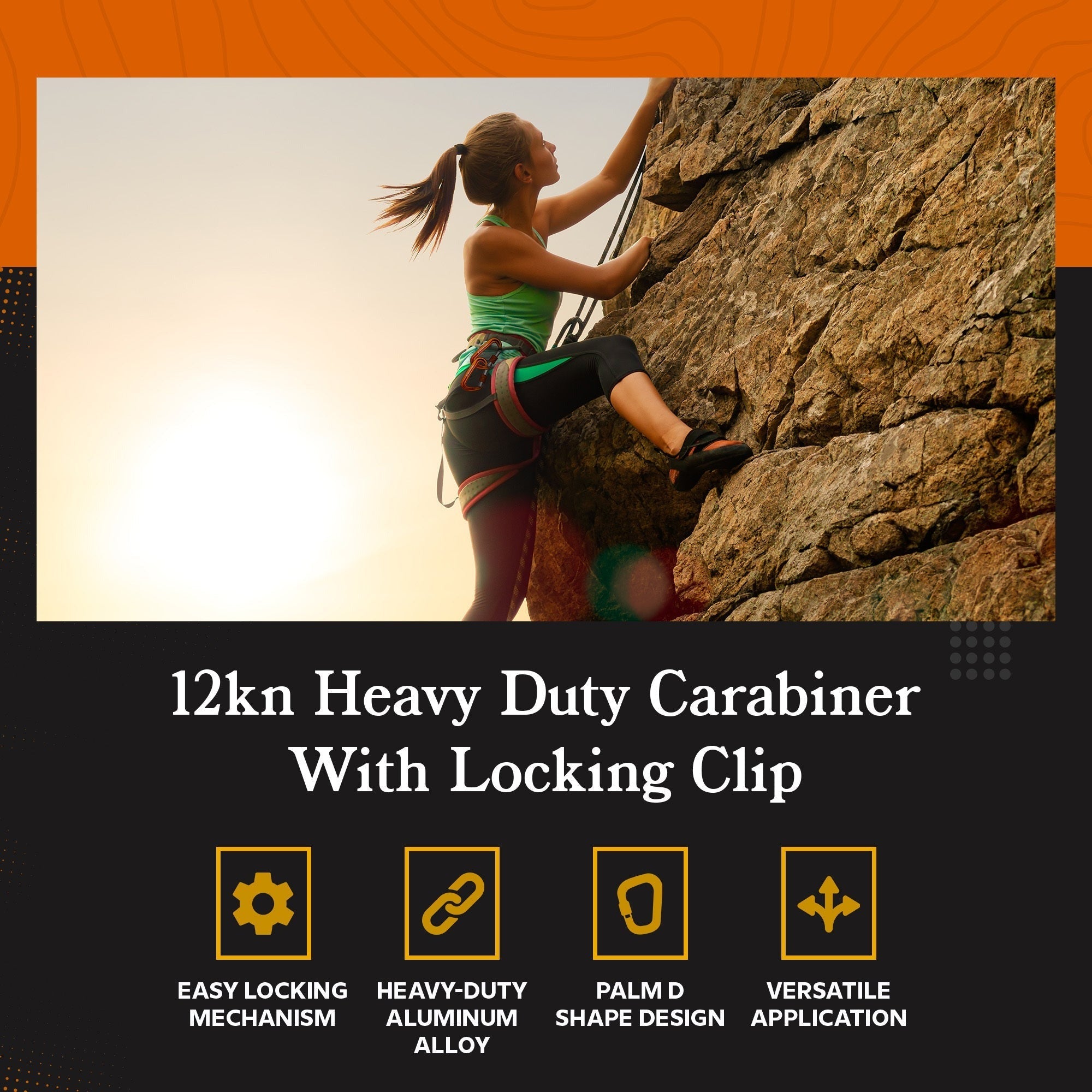 BELOW ZERO 12kN Heavy Duty Carabiner with Locking Clip (Orange)