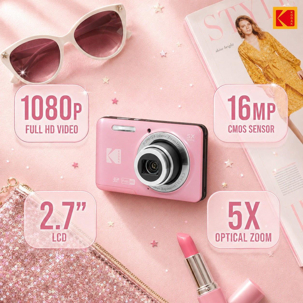 Kodak PixPro Friendly Zoom FZ55 16MP FHD Digital Camera (Pastel Pink) Bundle