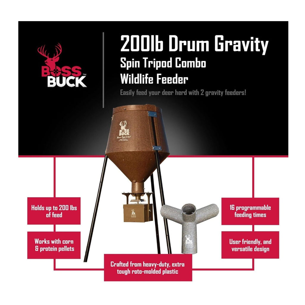BOSS Buck 200lbs Deer Feeder Drum with Auto Feed System 2 Way Protein Head