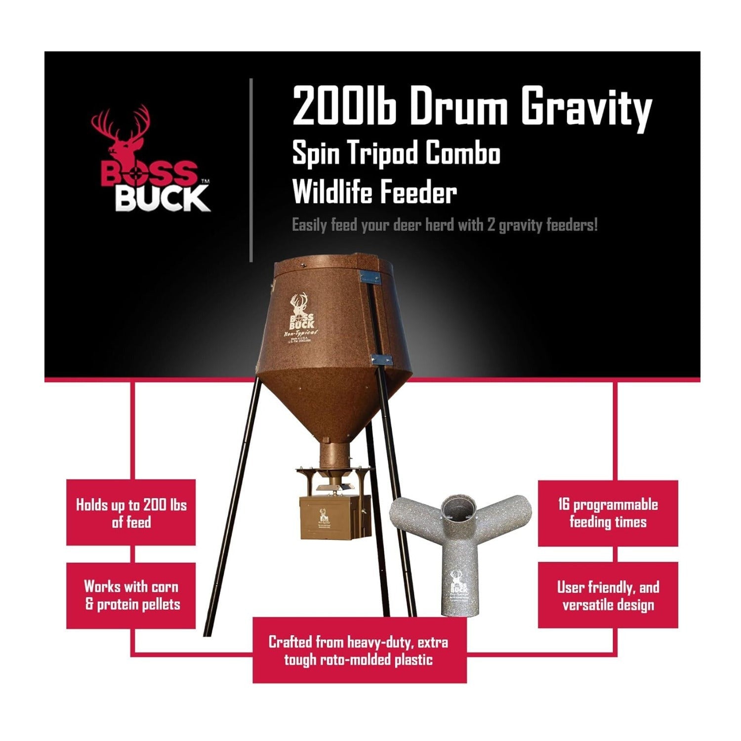 BOSS Buck 200lbs Deer Feeder Drum with Auto Feed System 2 Way Protein Head
