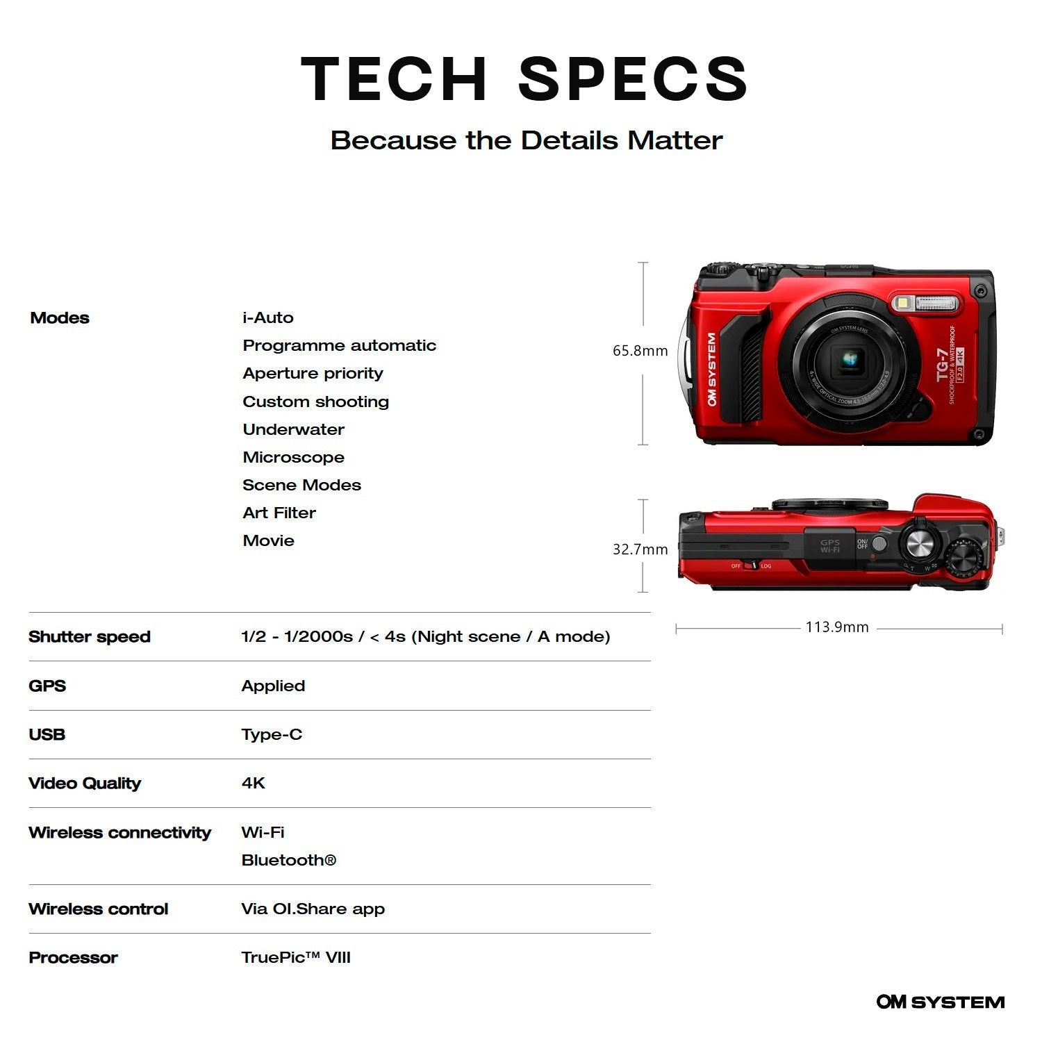 OM SYSTEM Tough TG-7 Digital Camera (Red) Bundle with 128GB Memory Card, Strap and Case
