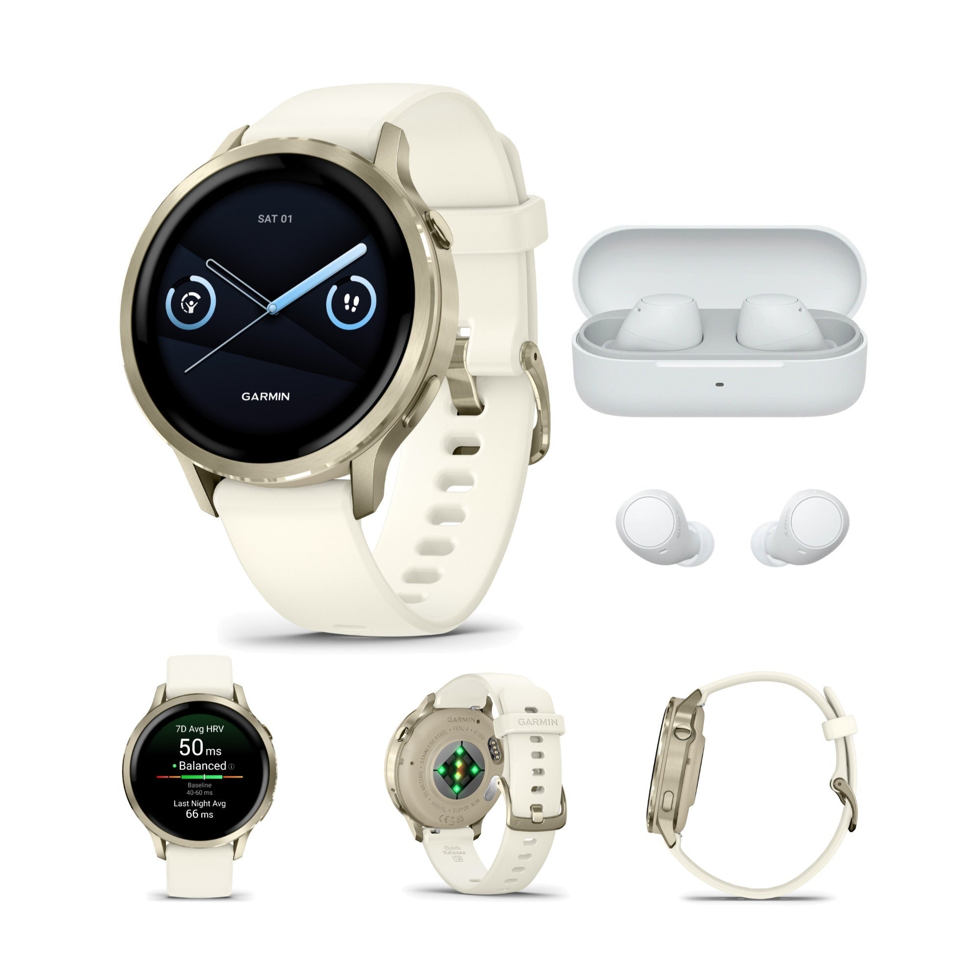 Garmin Venu 4 41mm AMOLED (Lunar Gold/Bone) GPS Smartwatch with Earbuds Bundle