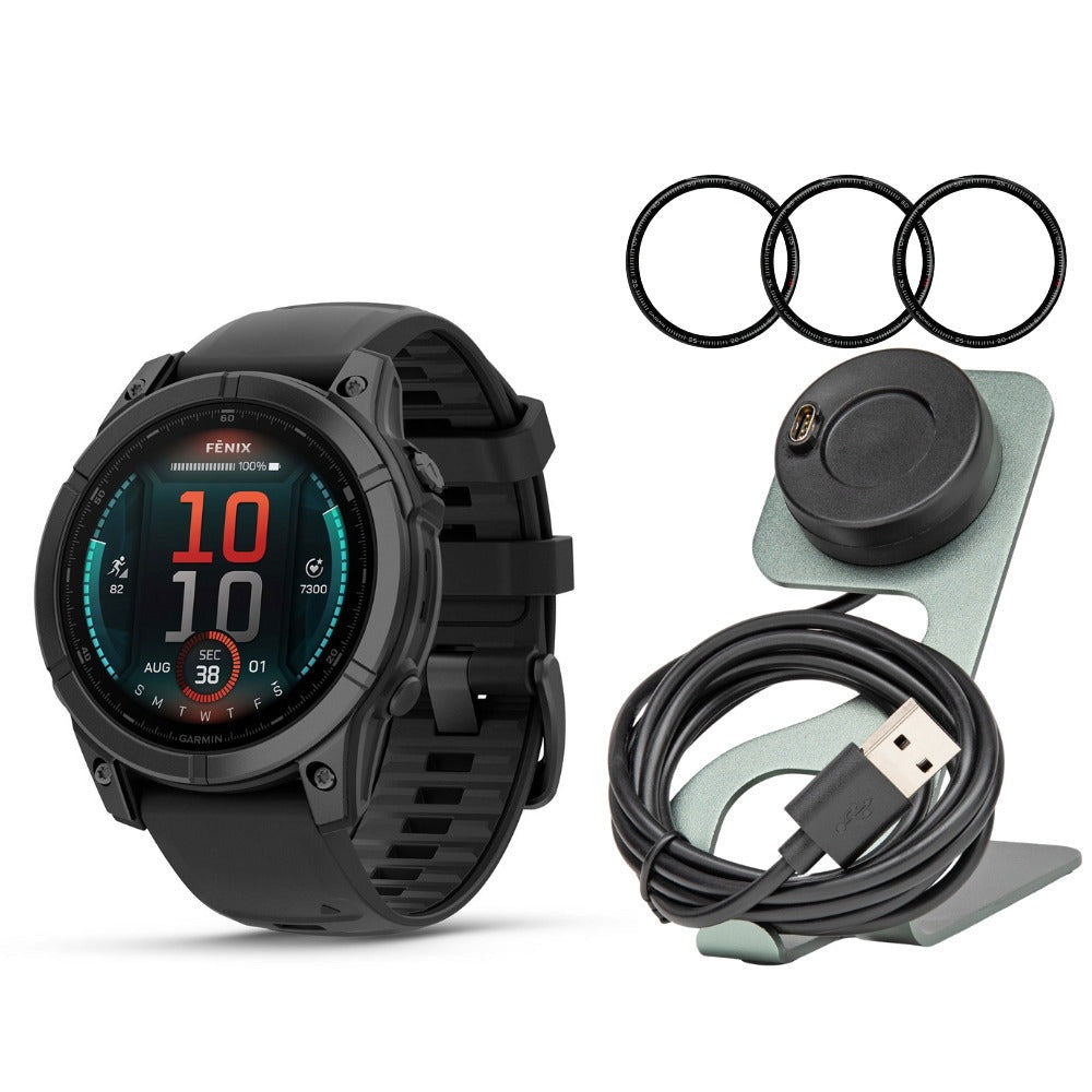 Garmin Fenix E 47mm AMOLED GPS Smartwatch (Slate Steel and Black) with Portable Charger Stand Bundle