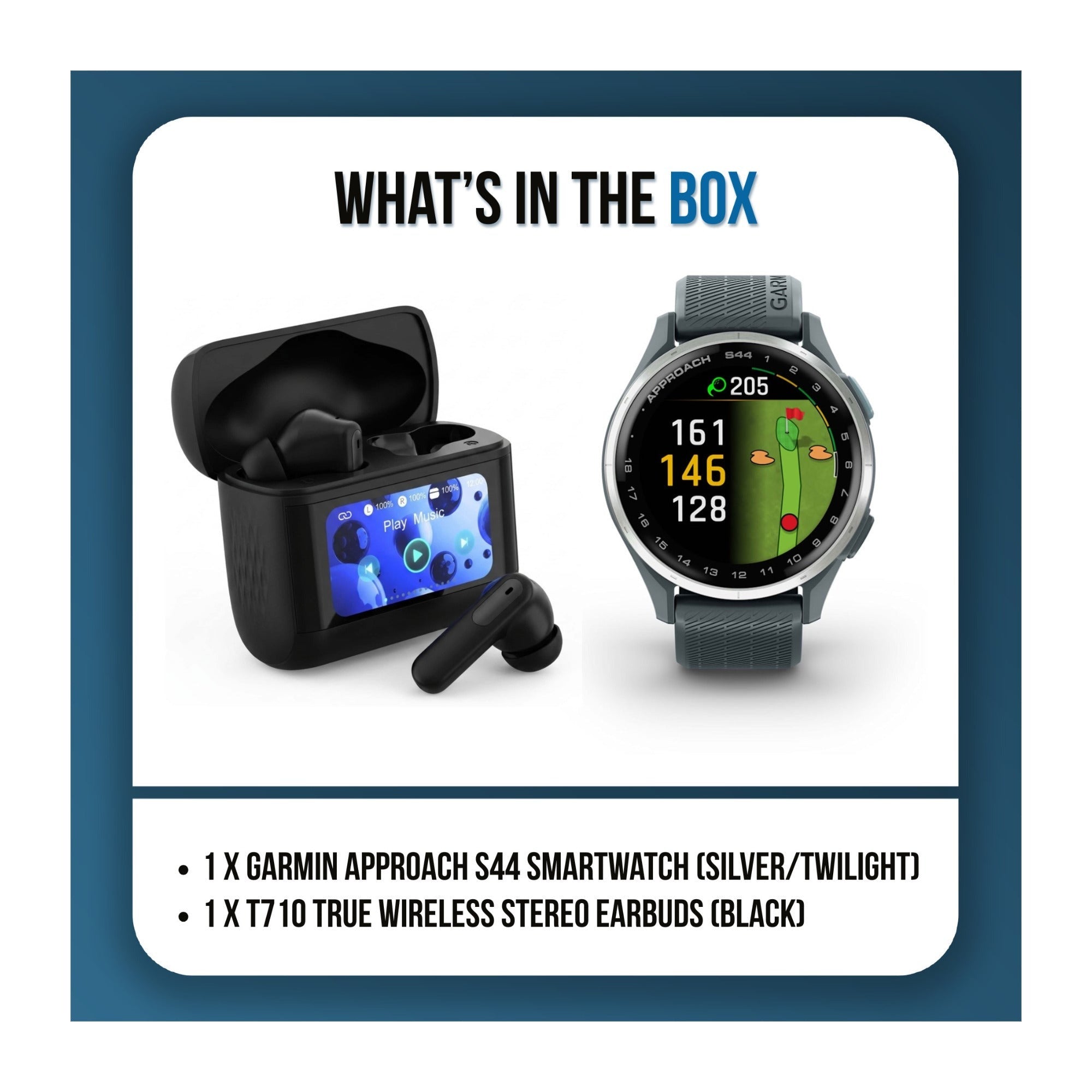 Garmin Approach S44 GPS Golf Smartwatch (Silver Bezel/Twilight Band) Bundle with T710 Earbuds