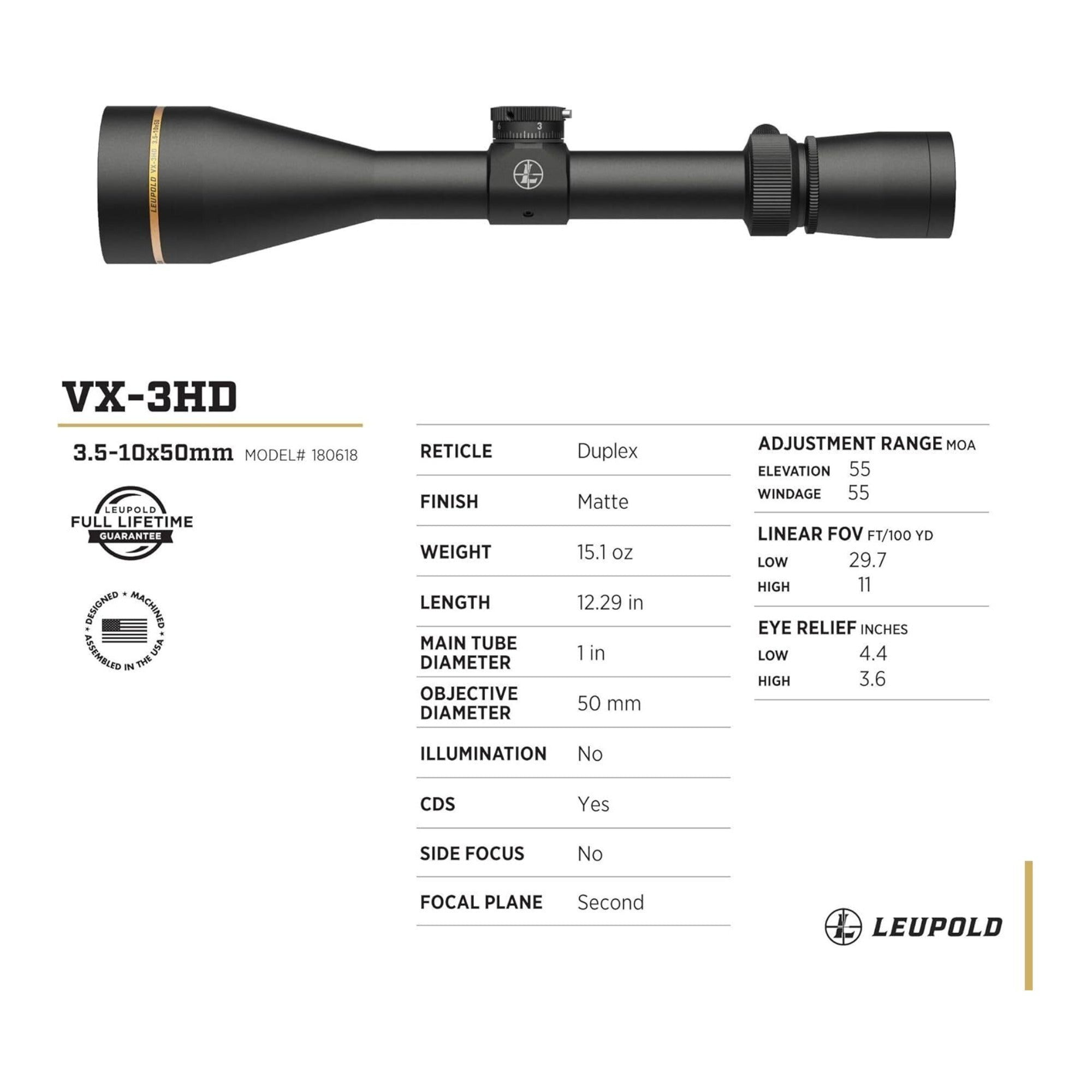 Leupold VX-3HD 3.5-10x50mm Riflescope (Matte Black)