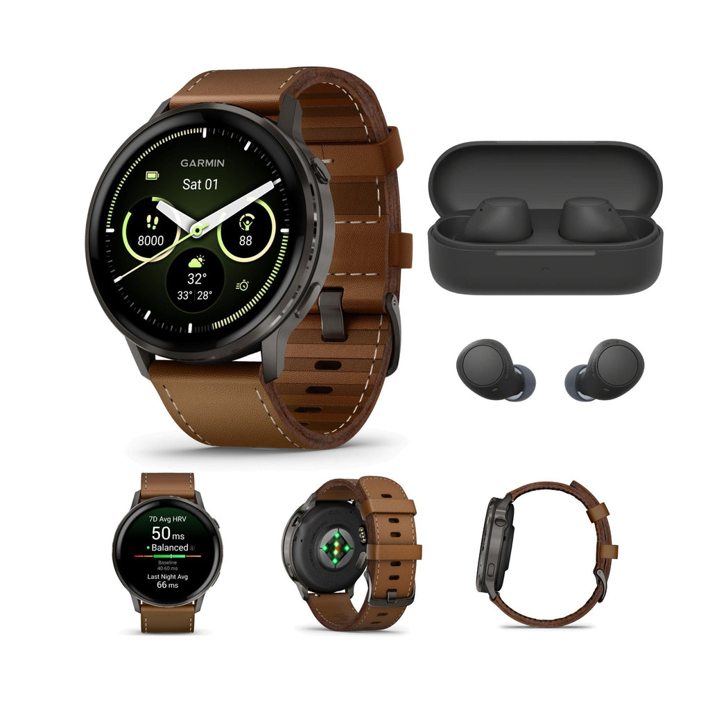 Garmin Venu 4 45mm AMOLED (Slate/Brown) GPS Smartwatch with Earbuds Bundle