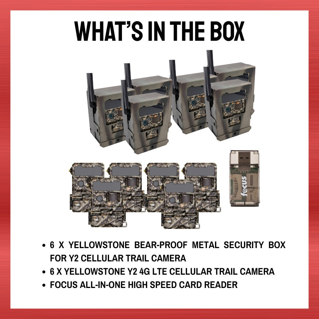 Yellowstone Y2 Cellular Trail Camera (6 Pack) with Security Box and Card Reader