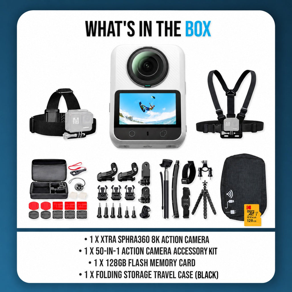 Xtra Sphra360 Action Camera Bundle with 128GB Flash Memory Card, Travel Case, and Accessories