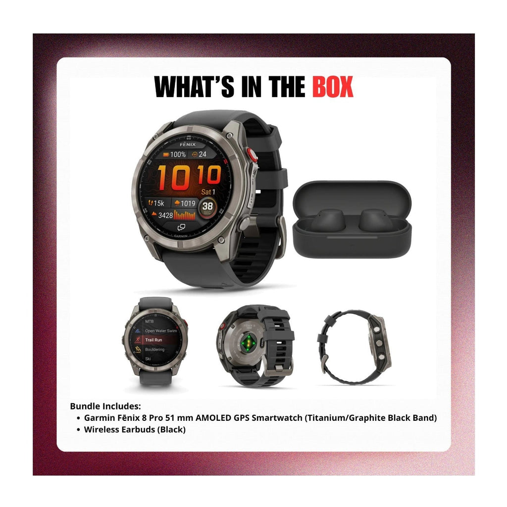Garmin Fenix 8 Pro 51mm AMOLED (Titanium/Black) GPS Smartwatch with Wireless Earbuds Bundle