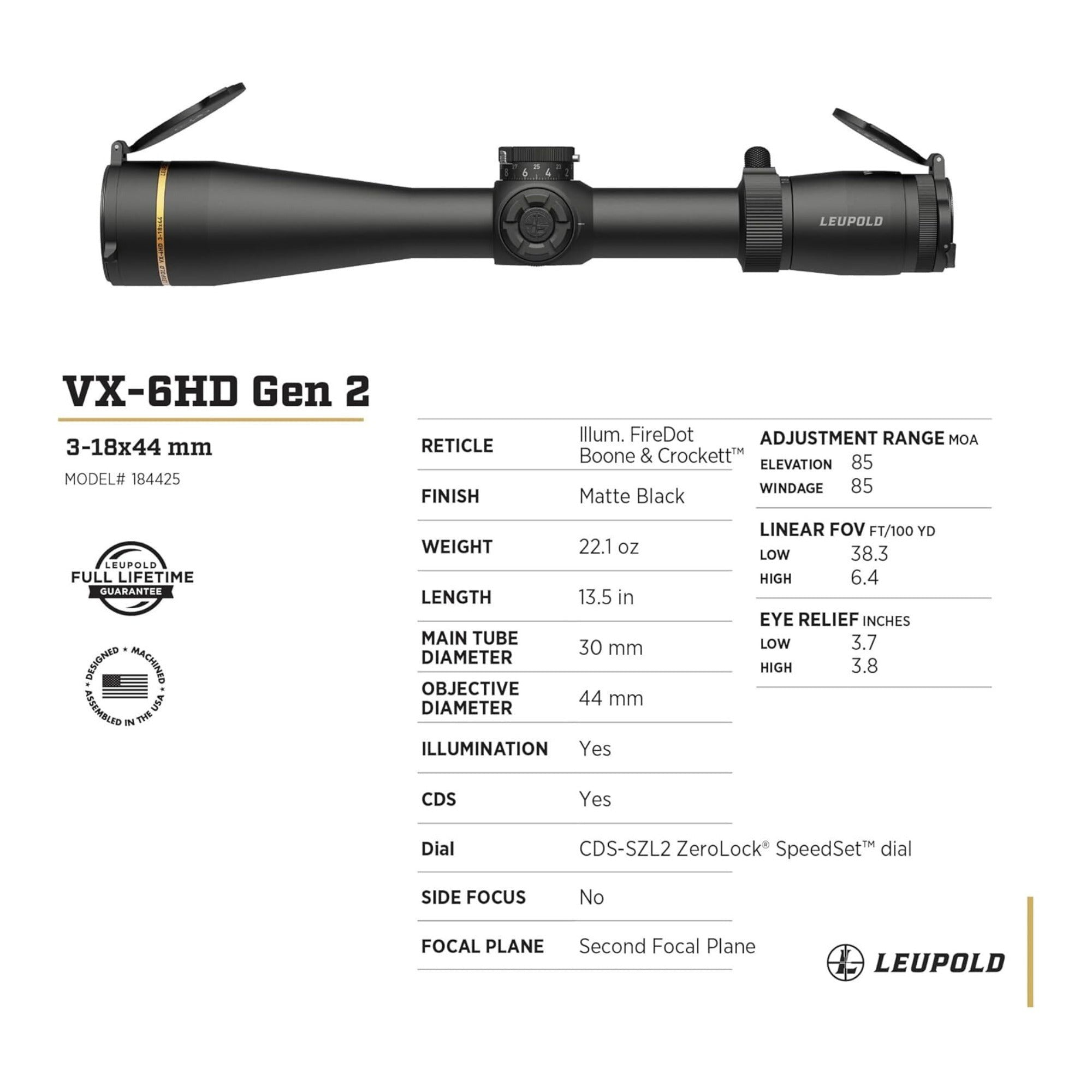 Leupold VX-6HD Gen 2 3-18x44mm CDS-SZL2 FDBC Riflescope (30mm, Matte Black)