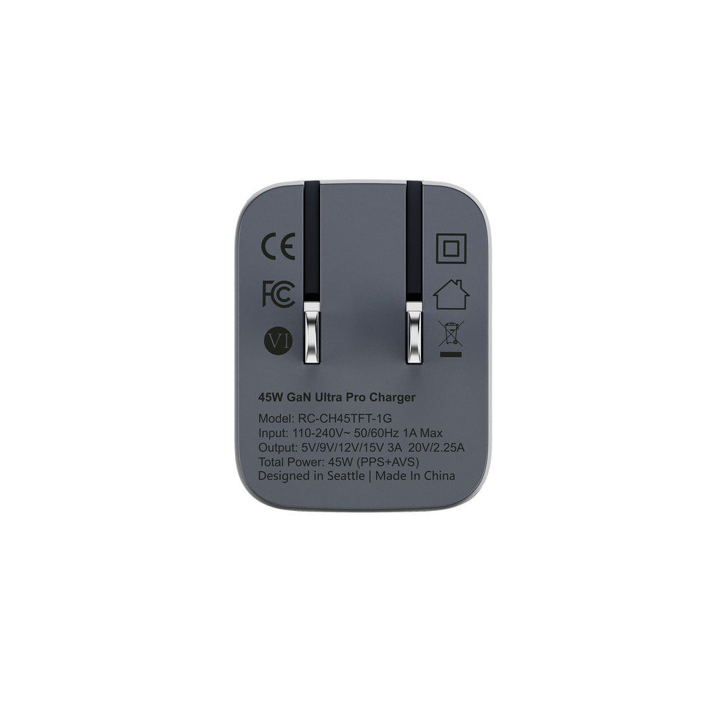 ReelCharge 45W Smart Wall Charger with USB-C Fast Charge Folding Plug (Gray)