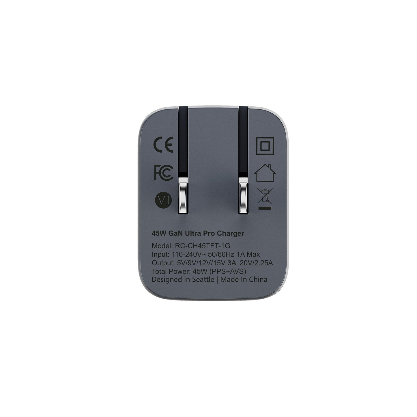 ReelCharge 45W Smart Wall Charger with USB-C Fast Charge Folding Plug (Gray)