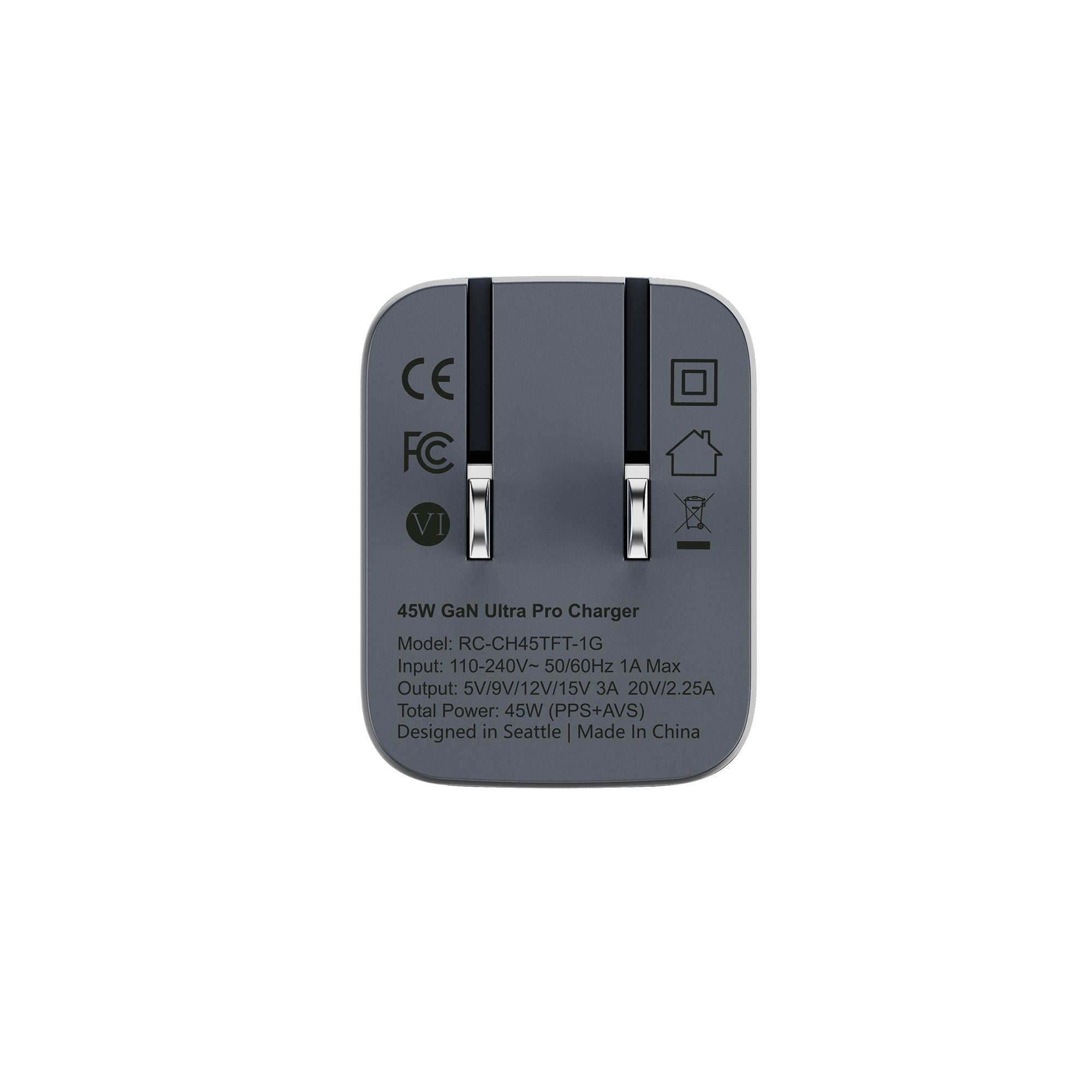 ReelCharge 45W Smart Wall Charger with USB-C Fast Charge Folding Plug (Gray)