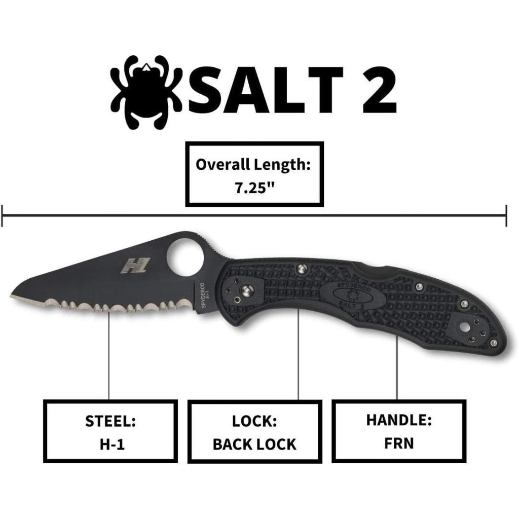 Spyderco Salt 2 Lightweight Knife with H-1 Corrosion Resistant Steel Blade and FRN Handle (Black)