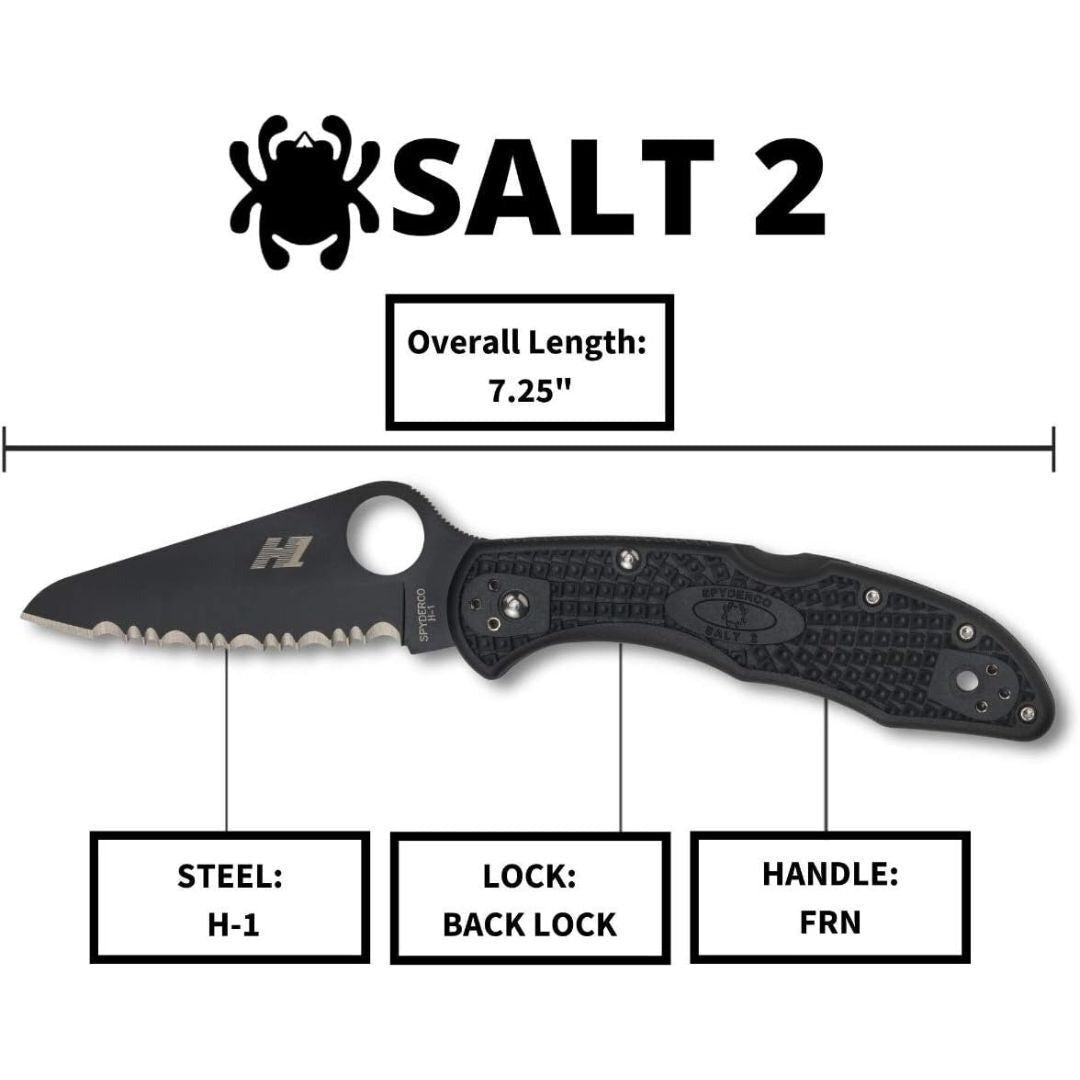 Spyderco Salt 2 Lightweight Knife with H-1 Corrosion Resistant Steel Blade and FRN Handle (Black)