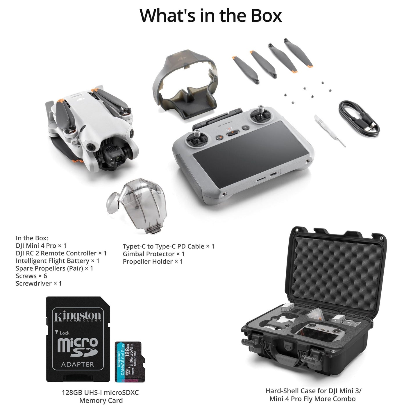 DJI Mini 4 Pro (DJI RC 2) (GL) with Custom Insert Hard-Shell Storage Case and 128GB Memory Card