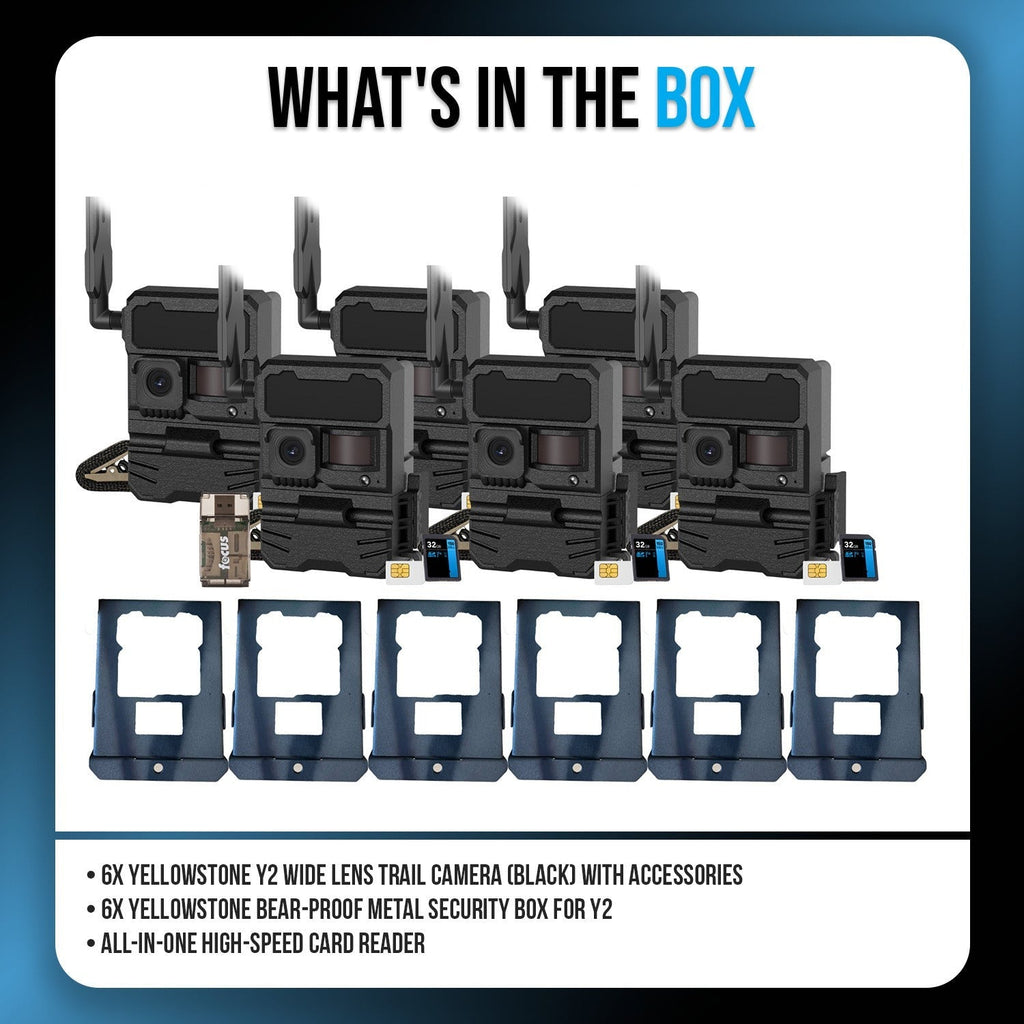 Yellowstone Y2 Black Wide Lens Trail Camera (6-Pack) with Security Box and Accs