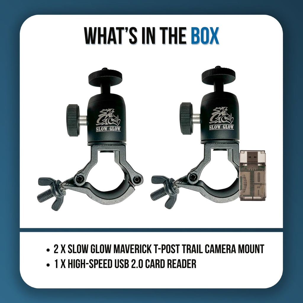 Slow Glow Maverick T-Post Trail Camera Mount with Adjustable Ball Head 2-Pack with Card Reader
