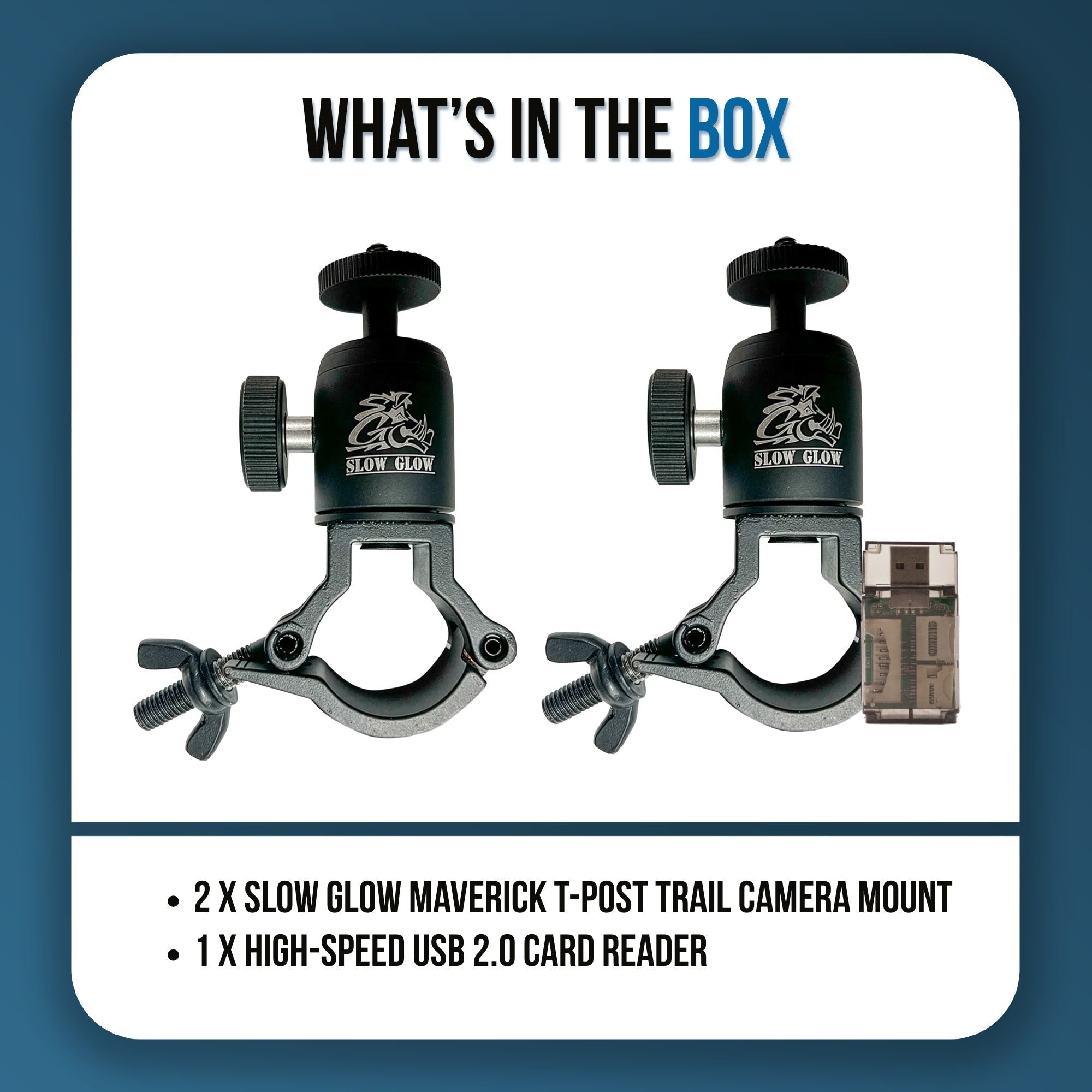 Slow Glow Maverick T-Post Trail Camera Mount with Adjustable Ball Head 2-Pack with Card Reader