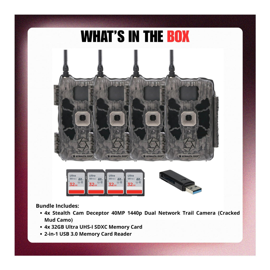 Stealth Cam Deceptor Dual Network Trail Camera (4 Pack) Bundle with Accessories