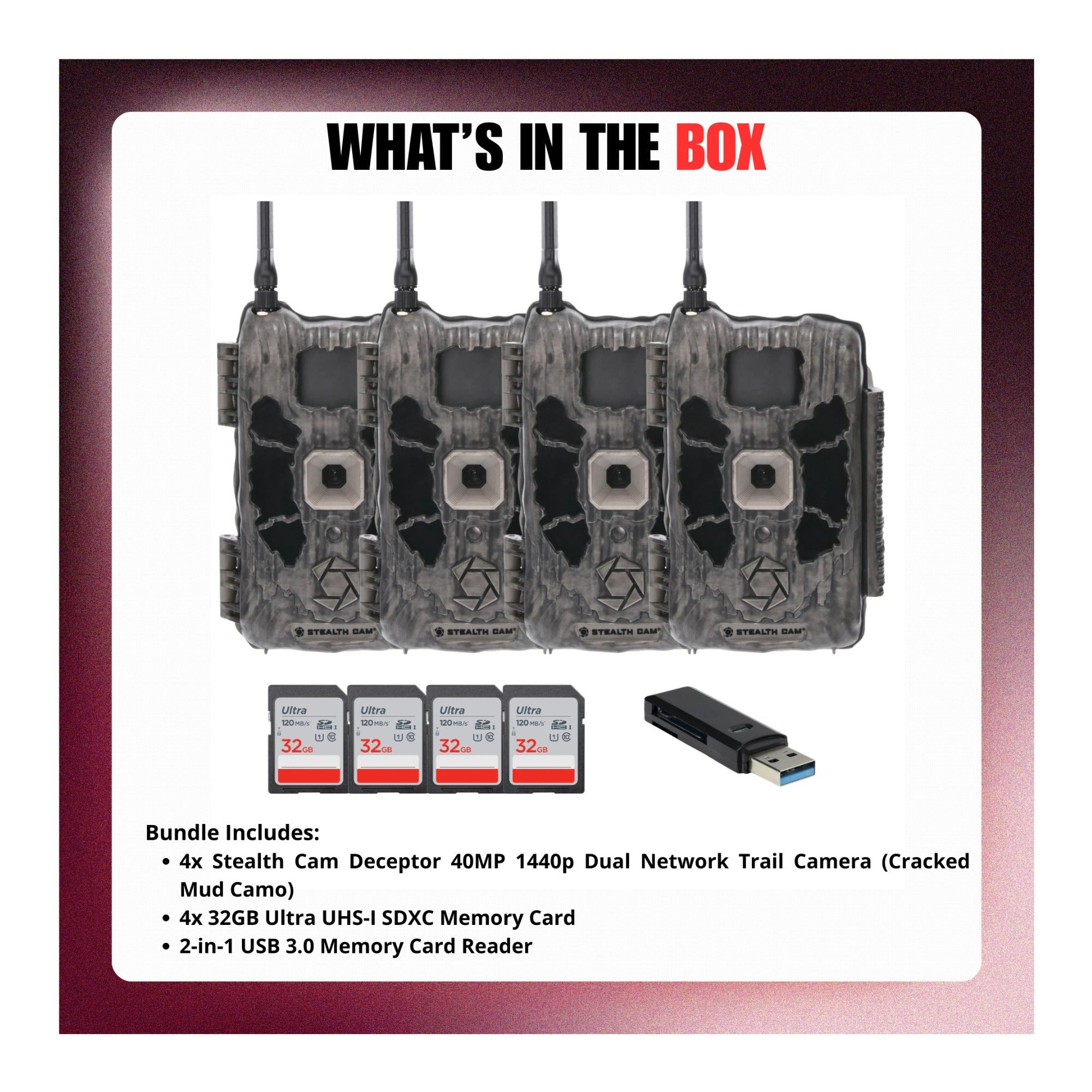 Stealth Cam Deceptor Dual Network Trail Camera (4 Pack) Bundle with Accessories
