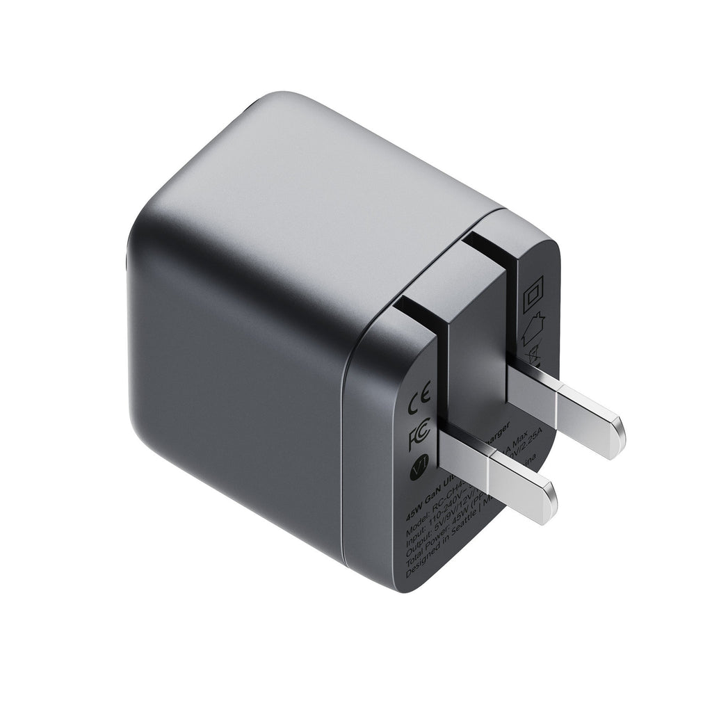 ReelCharge 45W Smart Wall Charger with USB-C Fast Charge Folding Plug (Gray)