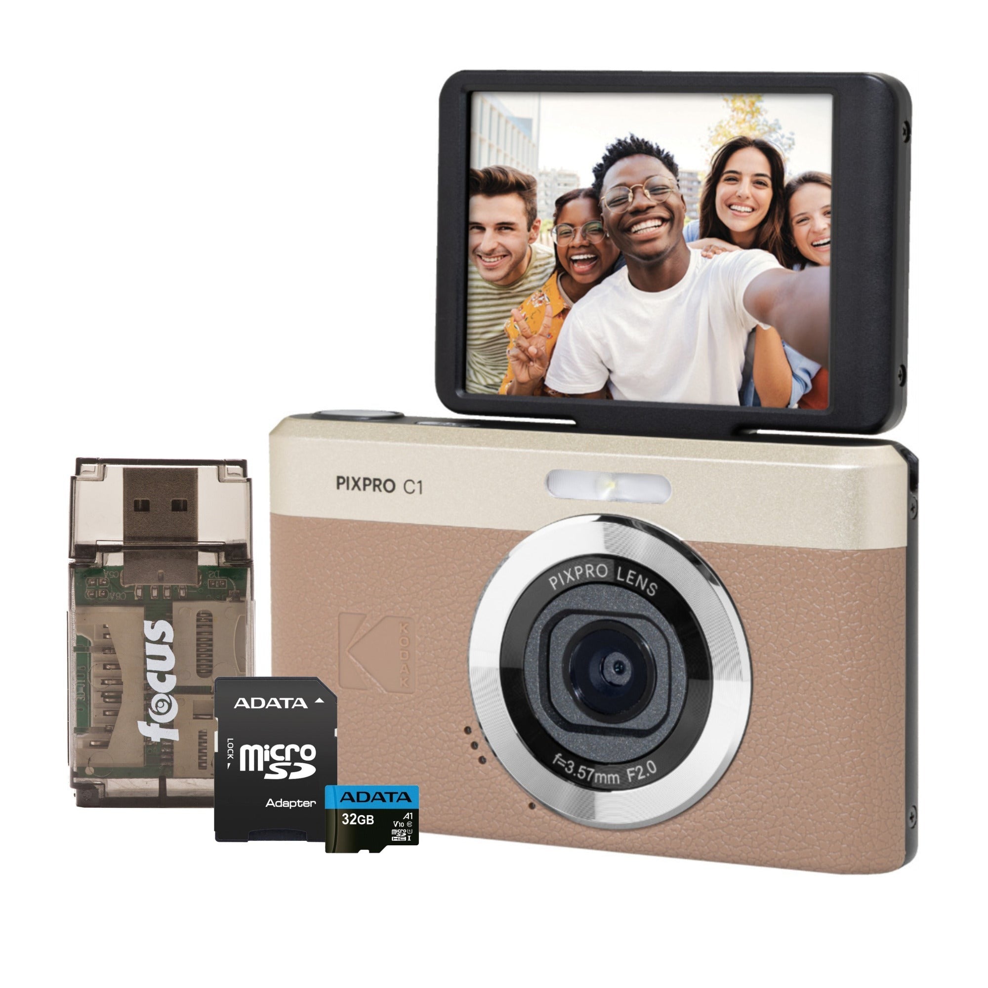 KODAK PIXPRO C1 13MP Digital Camera (Brown) with MicroSD Card and Card Reader
