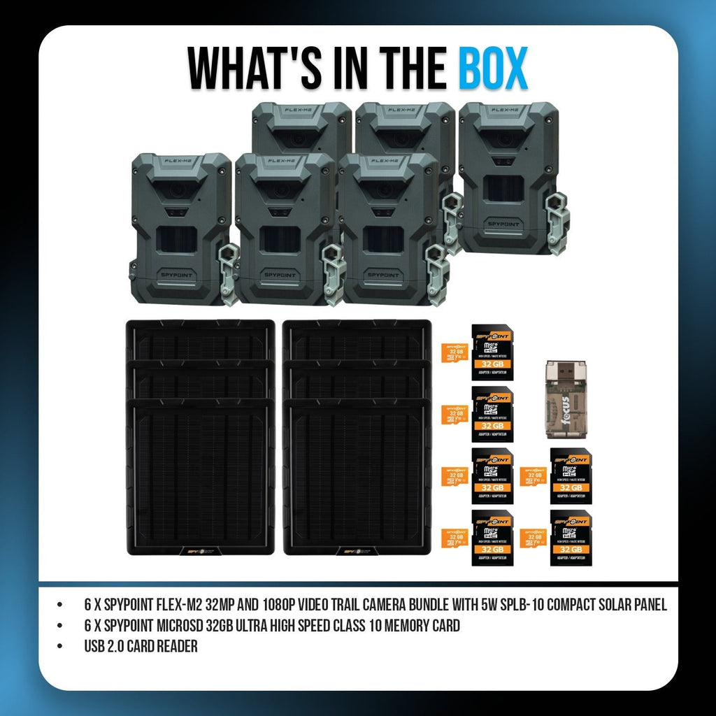 Spypoint FLEX-M2 32MP Trail Camera (6-Pack) with Solar Panel, Memory Card and Card Reader Bundle