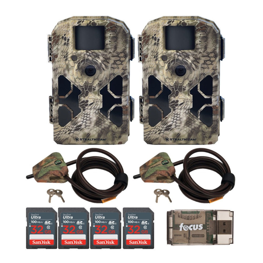 Stealth Cam 2022 G42NG 32MP Trail Camera 2-Pack with Cable Locks and 4 Cards Kit