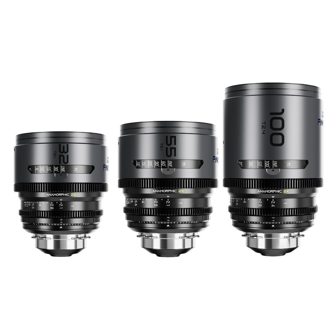 DZOFilm Pavo 2x Anamorphic T2.1 and T2.4 3-Lens Set with Blue Coating (Space Gray and Black)