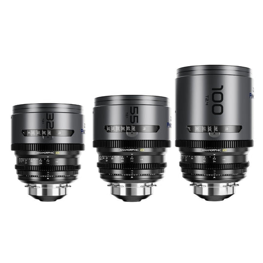 DZOFilm Pavo 2x Anamorphic T2.1 and T2.4 3-Lens Set with Blue Coating (Space Gray and Black)