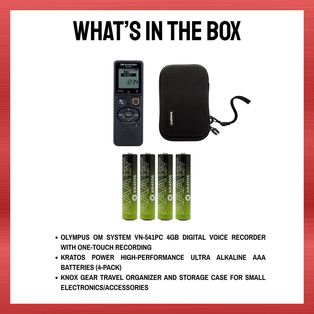 Olympus OM System 4GB Voice Recorder with Batteries (4-Pack) and Case Bundle