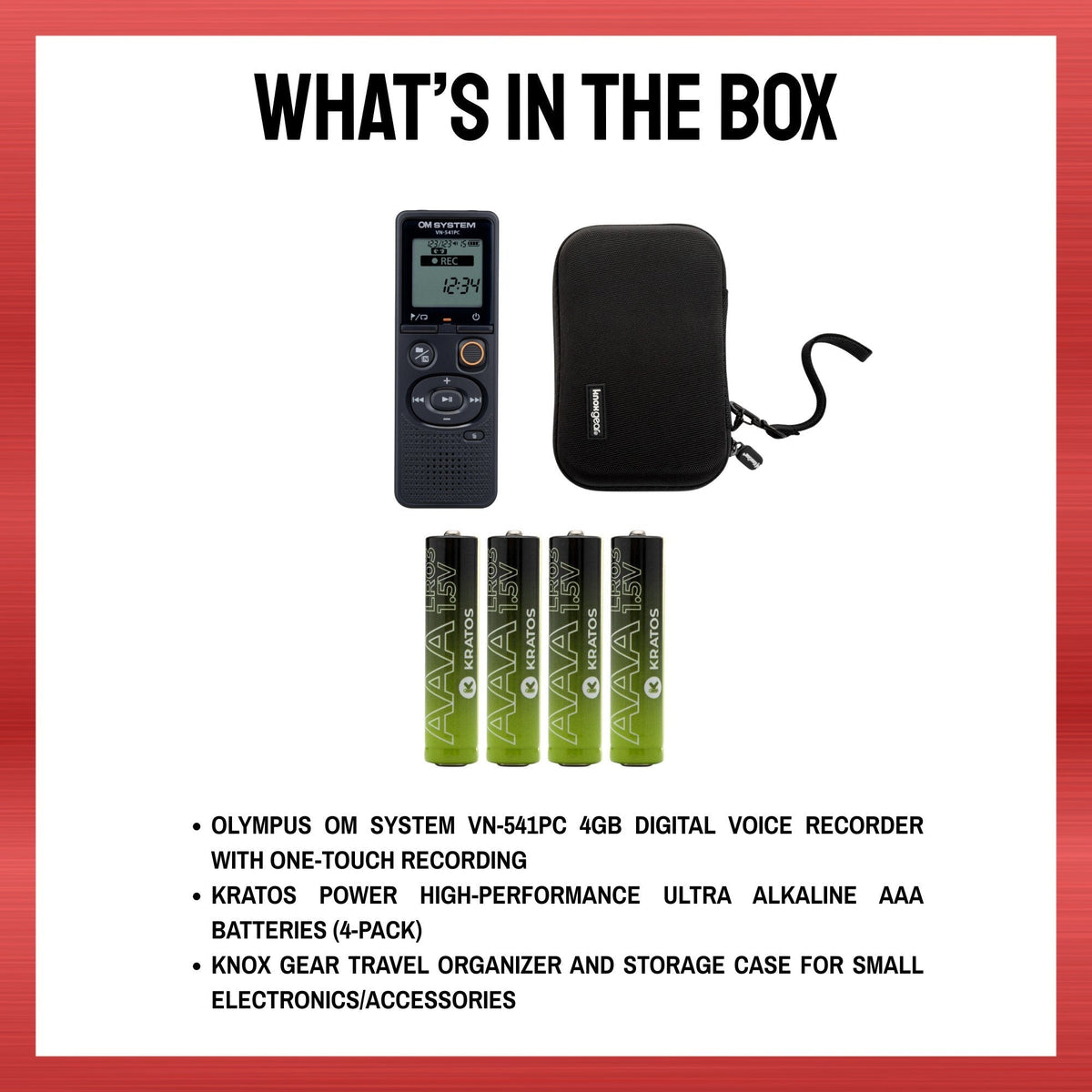 Olympus OM System 4GB Voice Recorder with Batteries (4-Pack) and Case Bundle