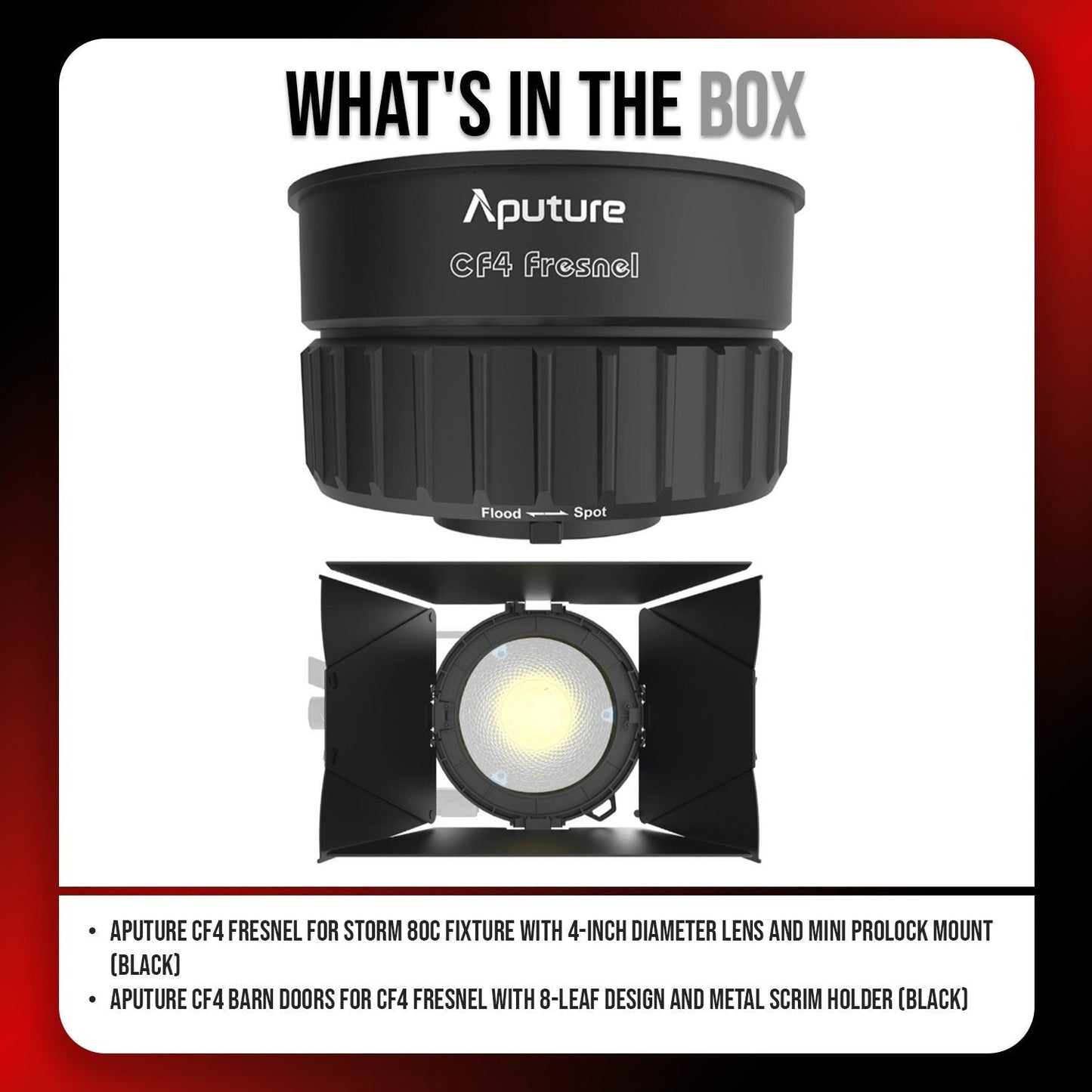 Aputure CF4 Fresnel for Storm 80c Fixture with 4-Inch Diameter Lens (Black) and CF4 Barn Door Bundle
