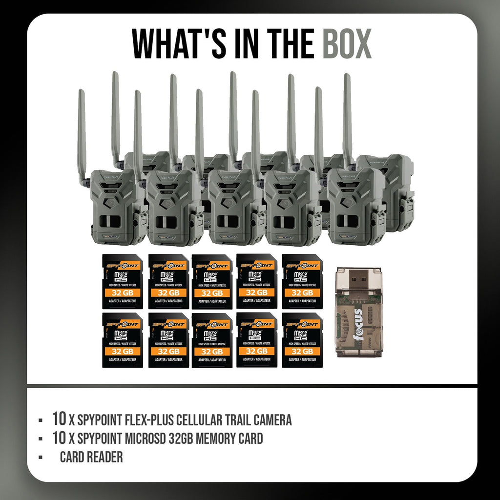 Spypoint FLEX-PLUS Cellular Trail Camera with Memory Card (10-Pack) and Reader