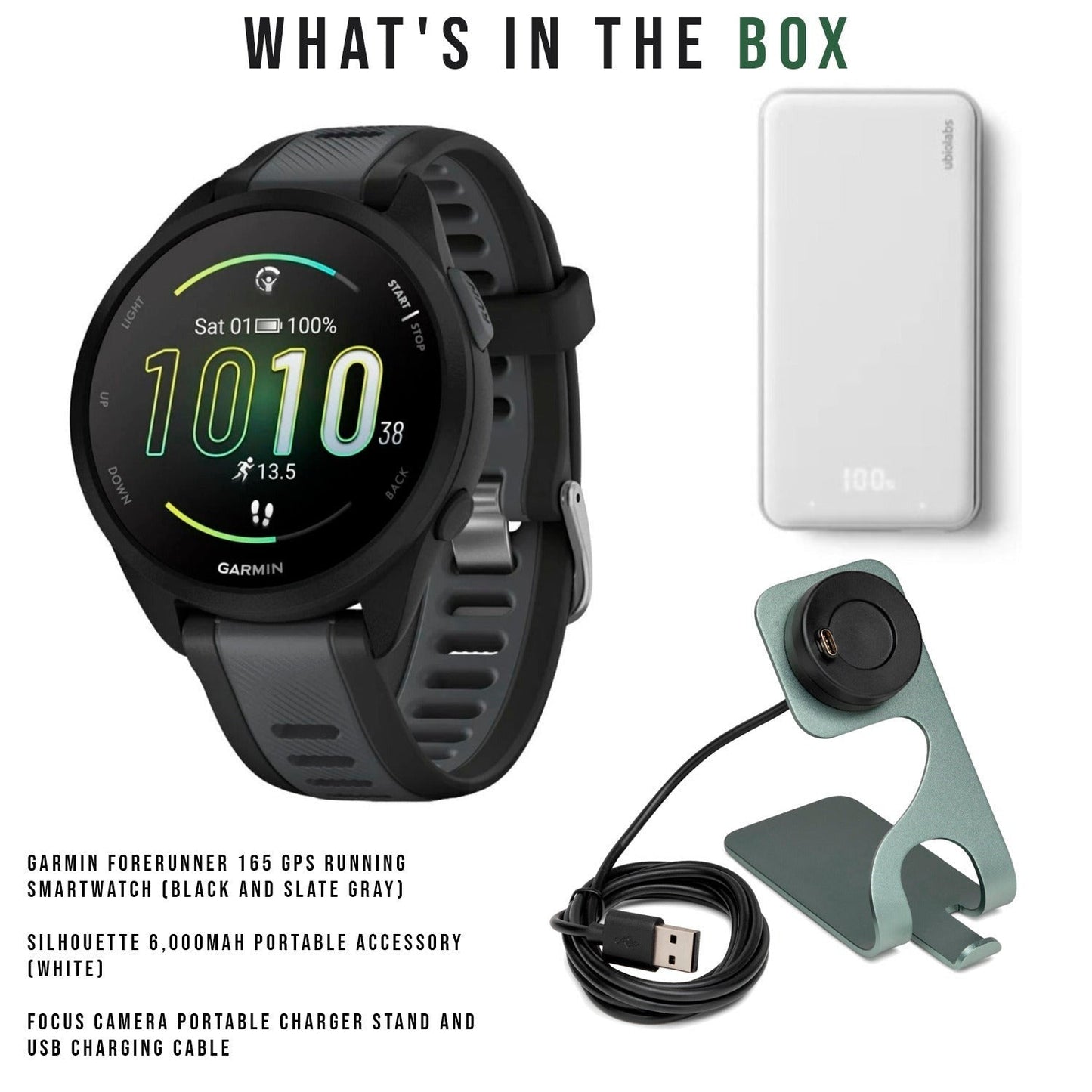 Garmin Forerunner 165 GPS Smartwatch (Black and Slate Gray) with Portable Accessory (White) Bundle