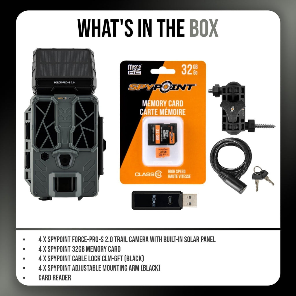 Spypoint FORCE-PRO-S 2.0 Trail Camera (4-Pack) Bundle with Accessories