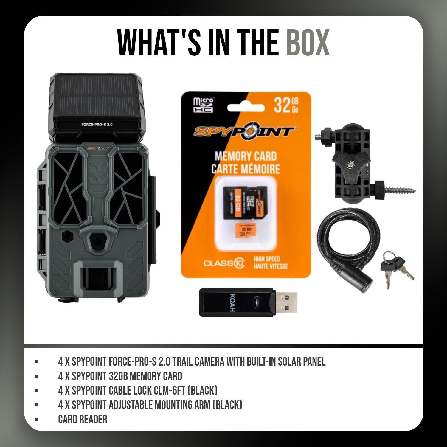 Spypoint FORCE-PRO-S 2.0 Trail Camera (4-Pack) Bundle with Accessories