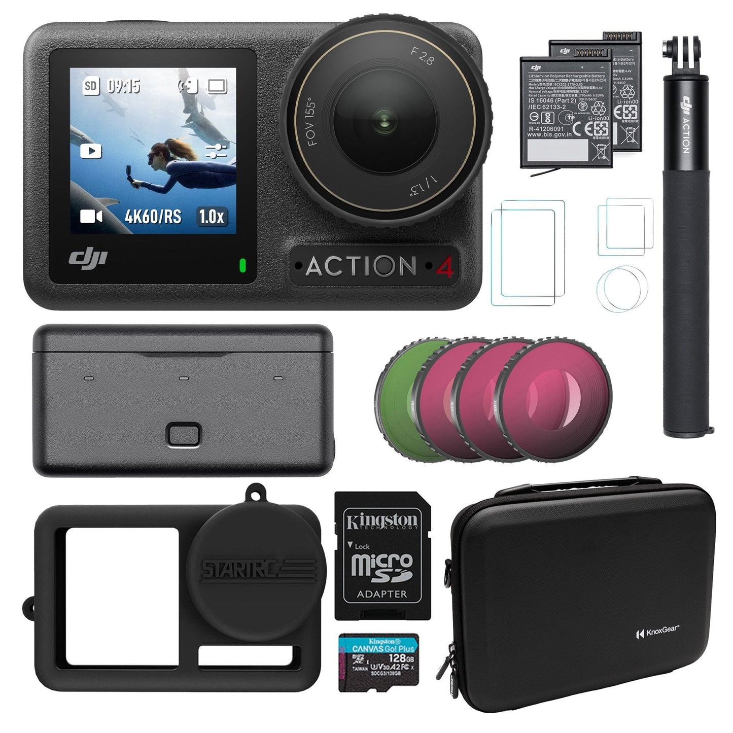 DJI Osmo Action 4 Camera Adventure Combo with 4 Pack ND Filter Set, 128GB SD Memory Card, Carrying C