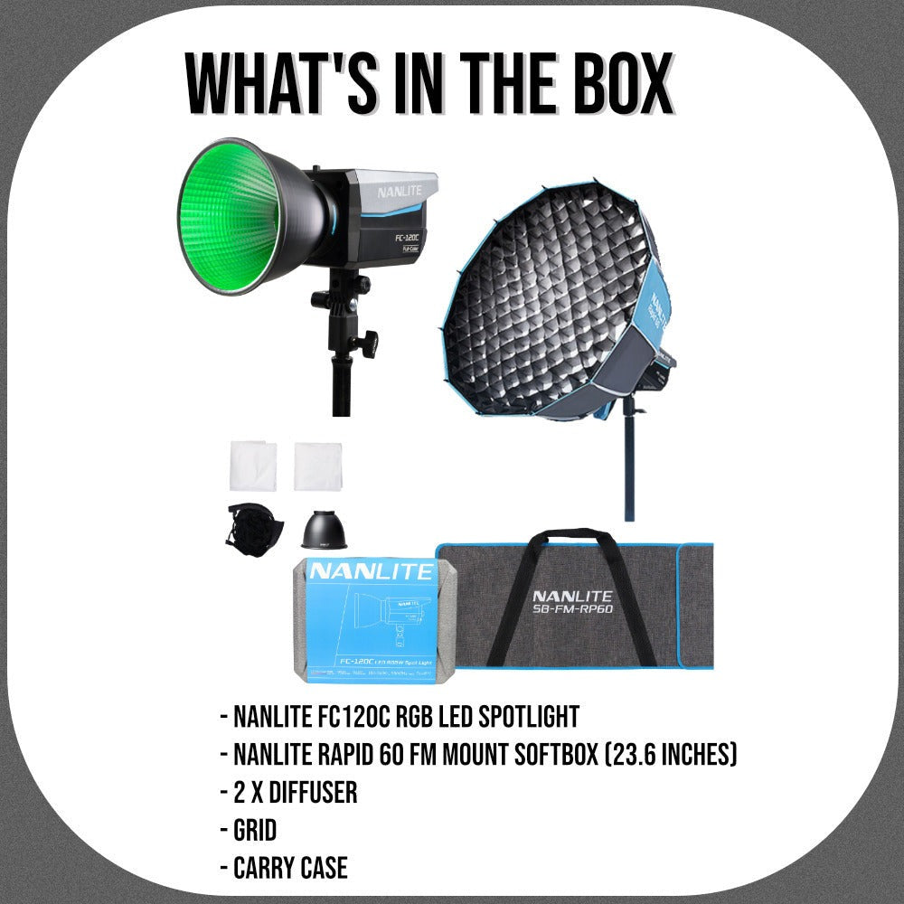 Nanlite FC120C RGB LED Spotlight with Rapid 60 FM Mount Softbox Bundle
