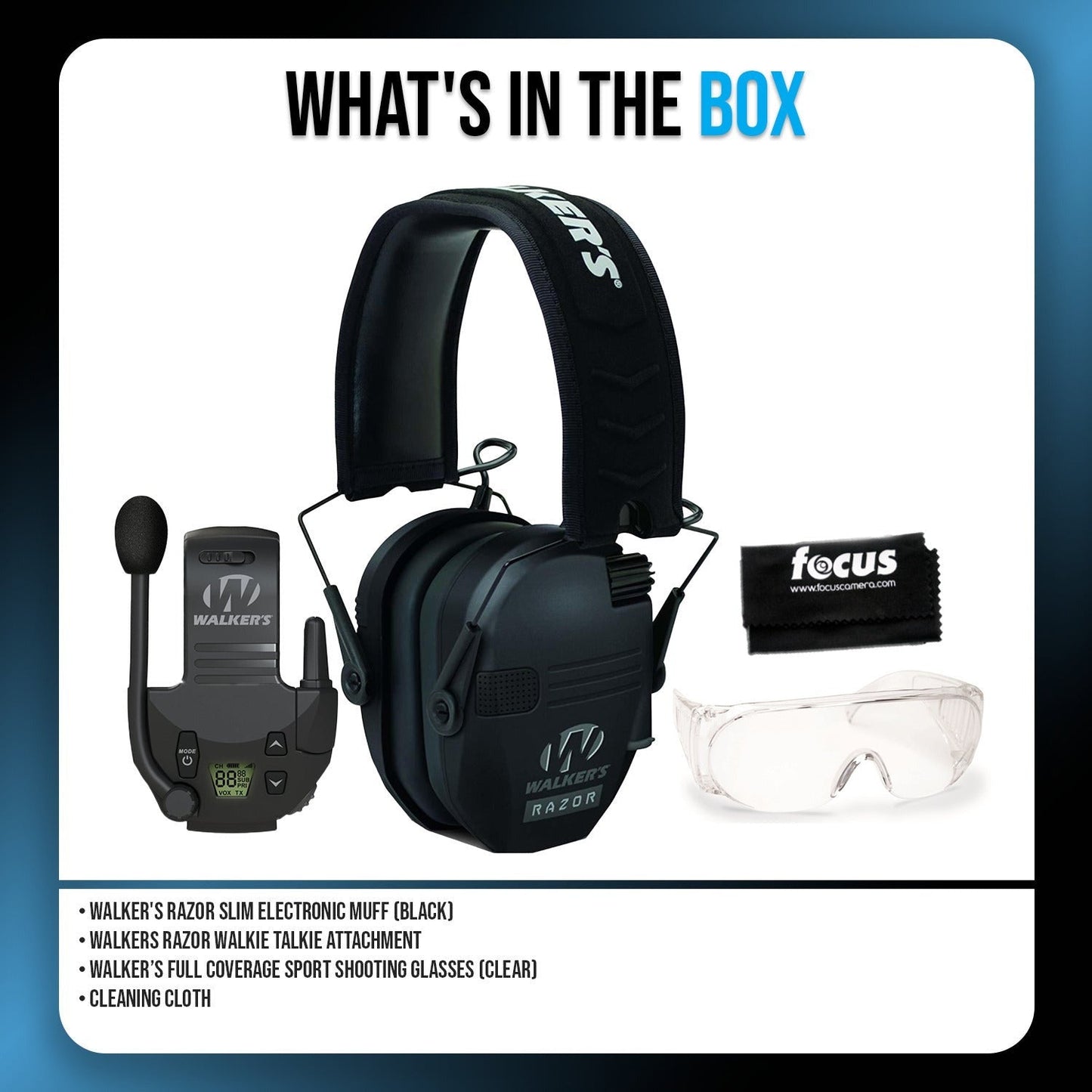 Walkers Razor Slim Electronic Muffs (Black) with Walkie Talkie Attachment Bundle