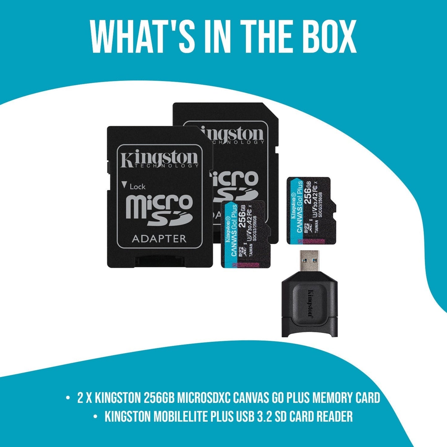 Kingston 256GB MicroSDXC Canvas Go Plus Memory Card (2-Pack) Bundle with USB 3.2 SD Card Reader